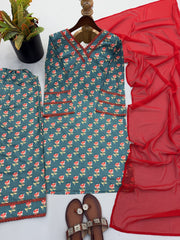 Women’s Teal Green Floral Natural Crepe 3 Piece Short Kurti Farshi Pant Dupatta Set