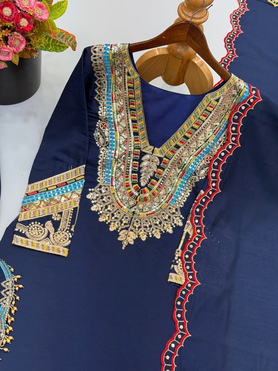 Women’s Navy Blue Pure Heavy Roman Silk Embroidered Sequin Suit Set with Purse