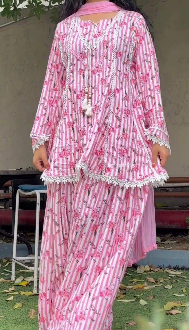 Women’s Pink Floral Stripe Natural Crepe  Short Kurti Farshi Pant Dupatta Set