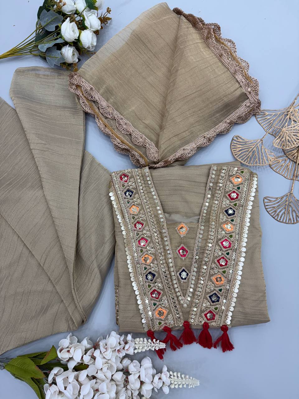Women’s Light Gold 3 Piece Festive Suit Set