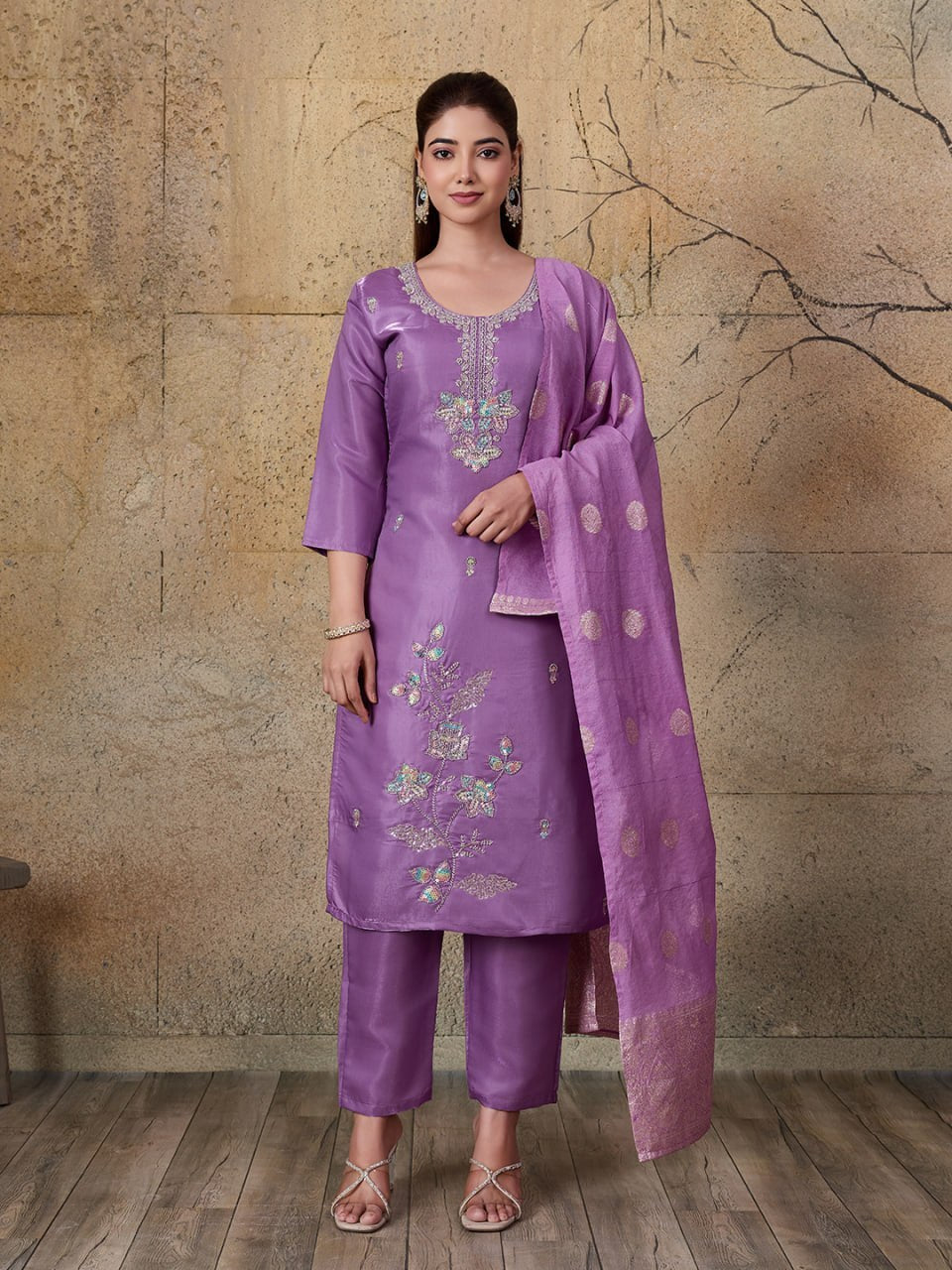 Beautiful Roman Glass Embroidered 3 Piece Kurta Pant Dupatta Set