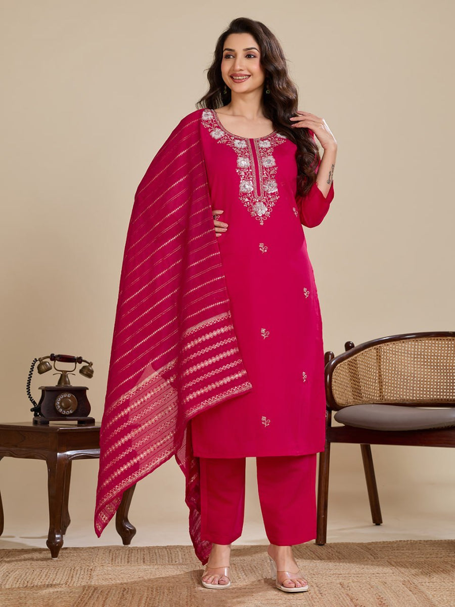 Elegant Roman Silk Handwork Embroidered 3 Piece Kurta Pant Dupatta Set