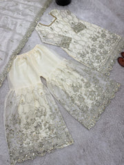 Chinnon Silk Embroidered Sharara Suit 3 Piece Top Sharara Dupatta Set