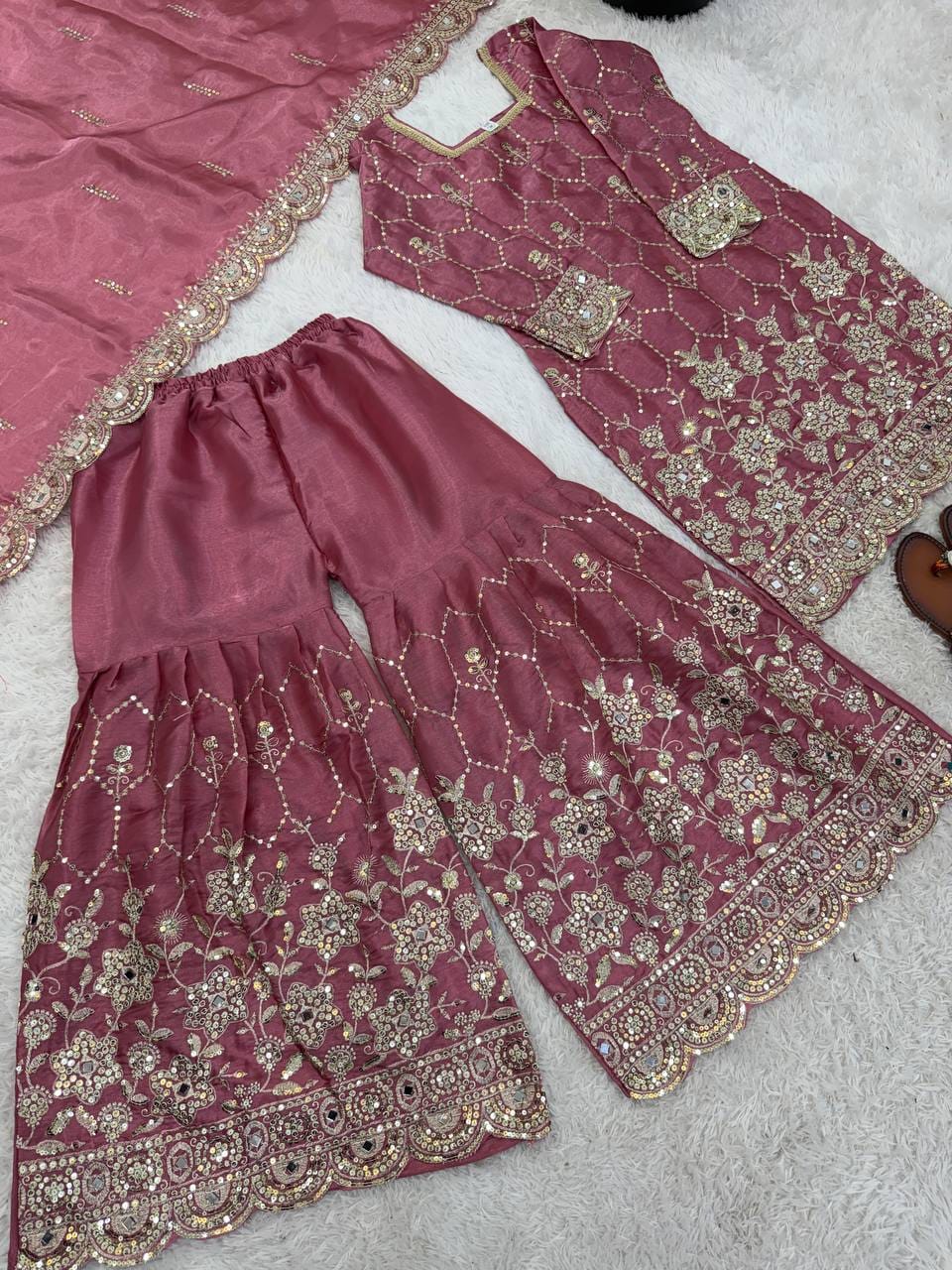 Chinnon Silk Embroidered Sharara Suit 3 Piece Top Sharara Dupatta Set