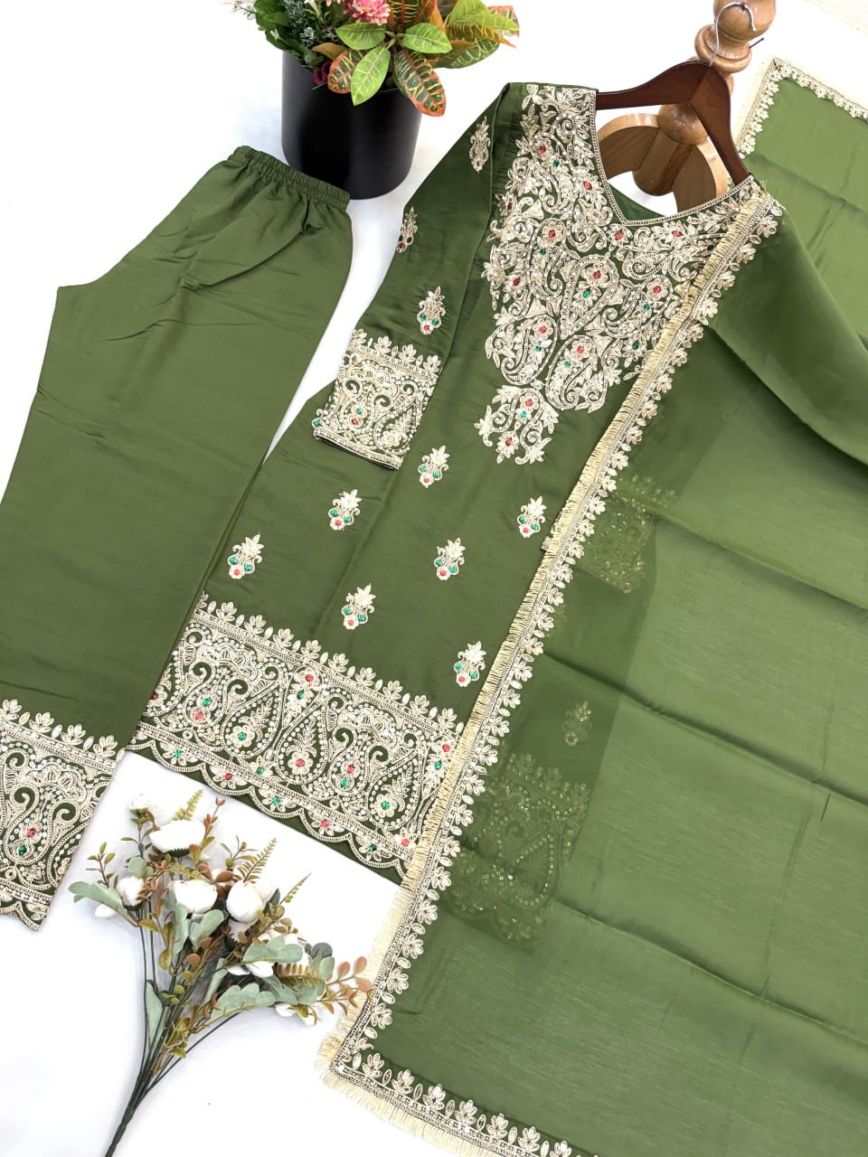 Women’s Roman Shimmer Silk  3 Piece Kurta Pant Dupatta Set