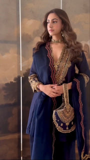Women’s Navy Blue Pure Heavy Roman Silk Embroidered Sequin Suit Set with Purse