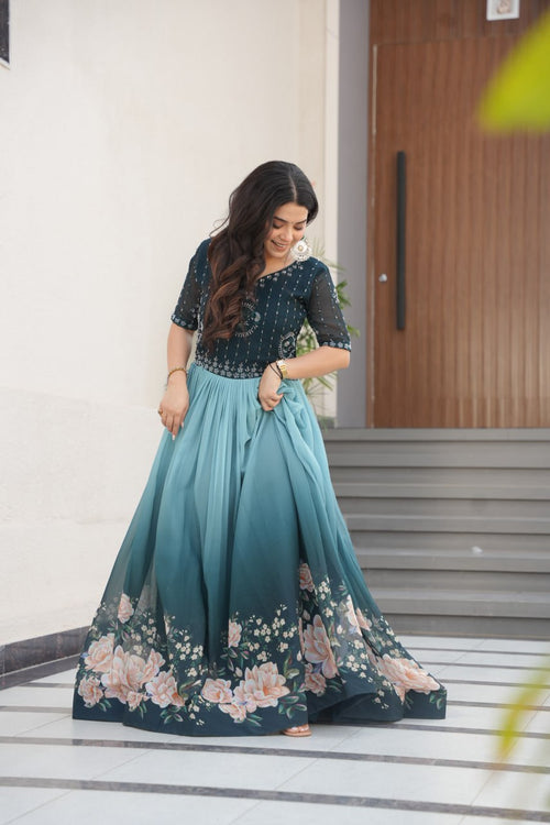 Admiring Digital Print Blue Color Gown