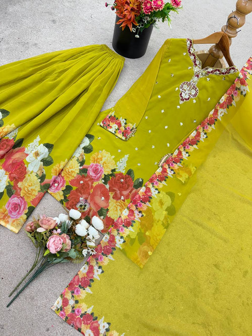 Admiring Parrot Green Sequence Work Georgette Sharara Suit