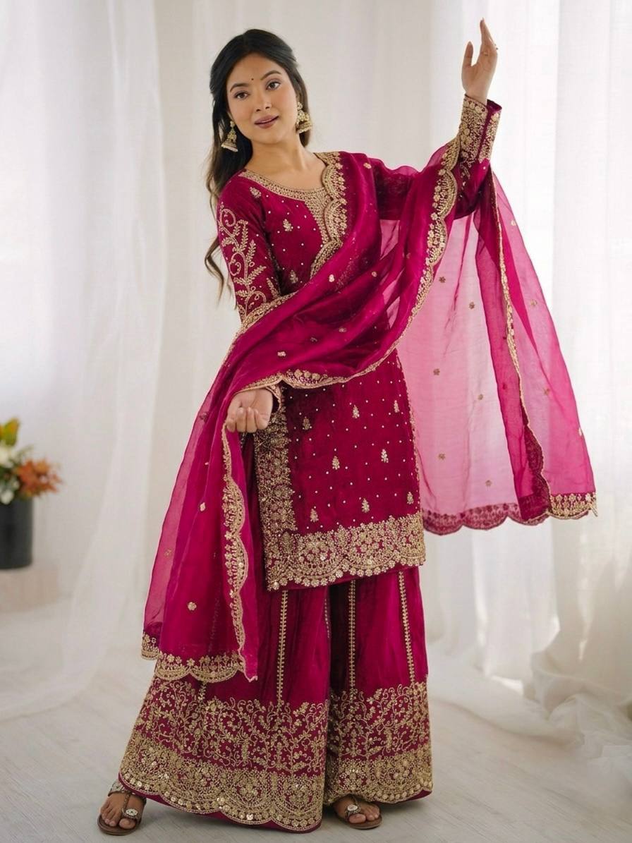 Gorgeous Fendy Silk Heavy Embroidered  Kurta Palazzo Dupatta Set