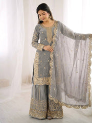 Gorgeous Fendy Silk Heavy Embroidered  Kurta Palazzo Dupatta Set