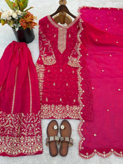 Gorgeous Fendy Silk Heavy Embroidered  Kurta Palazzo Dupatta Set