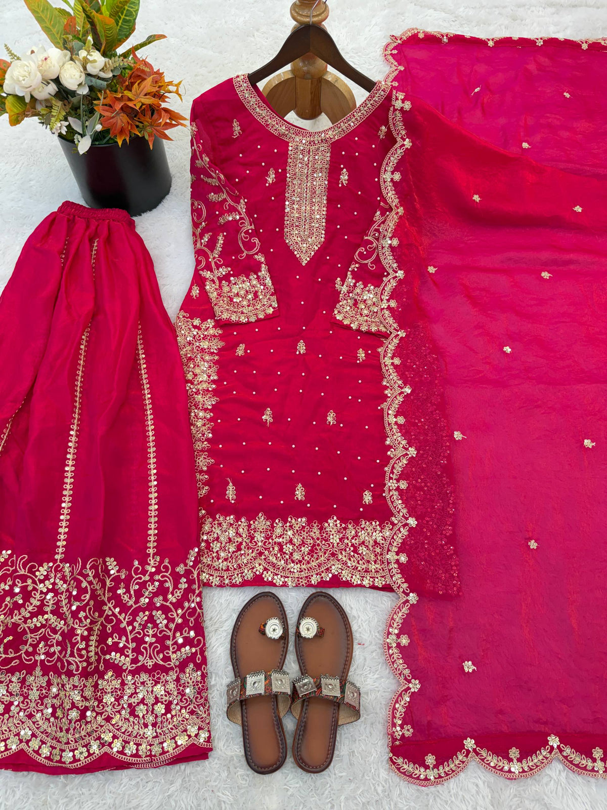 Gorgeous Fendy Silk Heavy Embroidered  Kurta Palazzo Dupatta Set