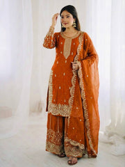 Gorgeous Fendy Silk Heavy Embroidered  Kurta Palazzo Dupatta Set