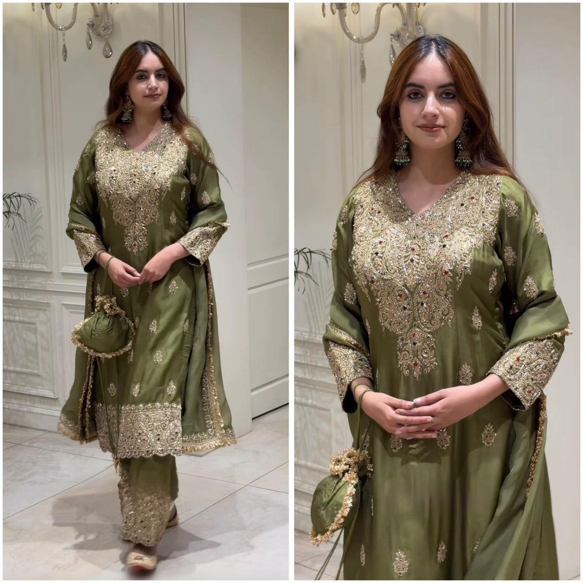 Women’s Roman Shimmer Silk  3 Piece Kurta Pant Dupatta Set