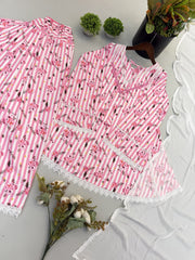 Women’s Pink Floral Stripe Natural Crepe  Short Kurti Farshi Pant Dupatta Set