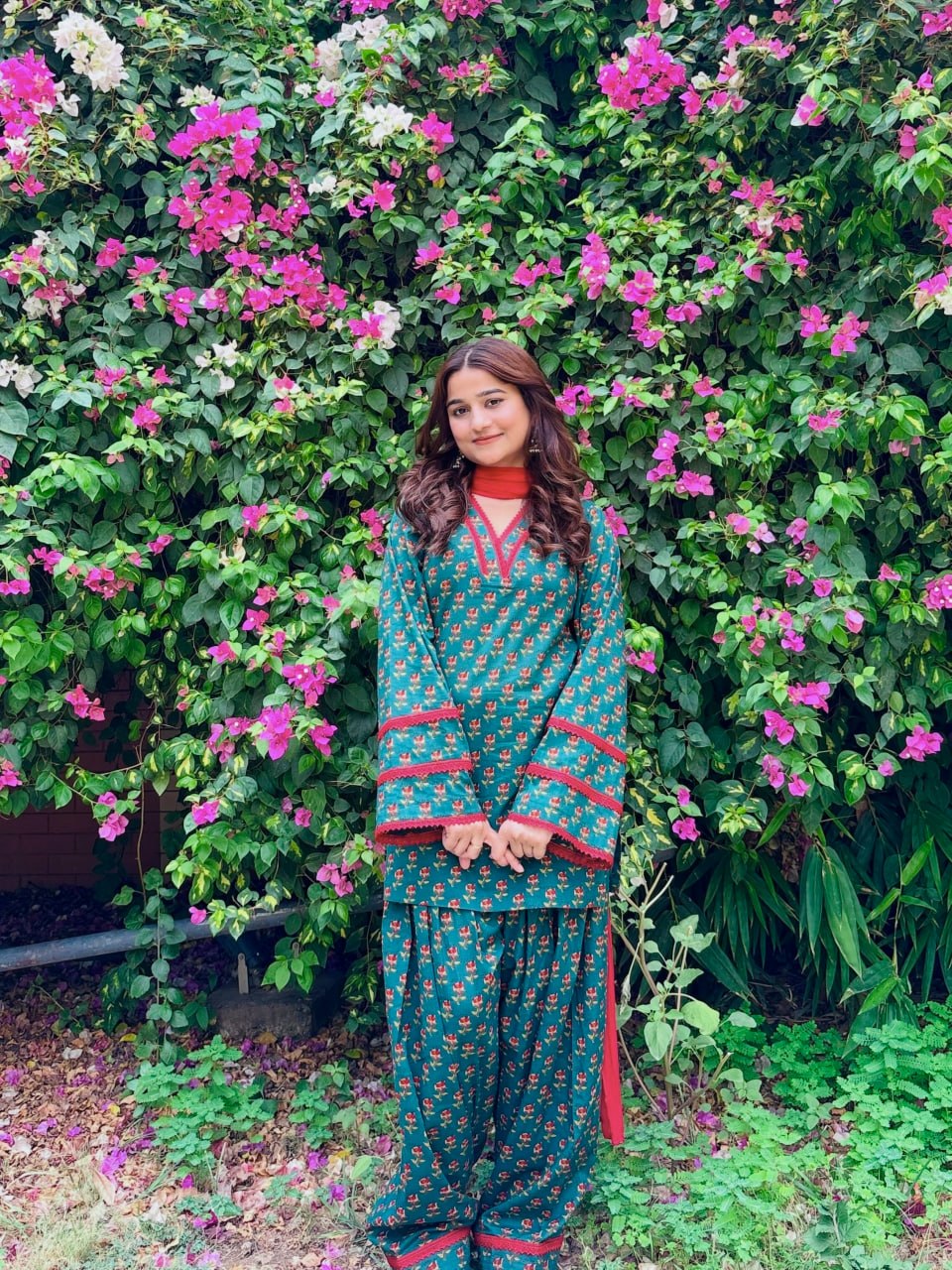 Women’s Teal Green Floral Natural Crepe 3 Piece Short Kurti Farshi Pant Dupatta Set