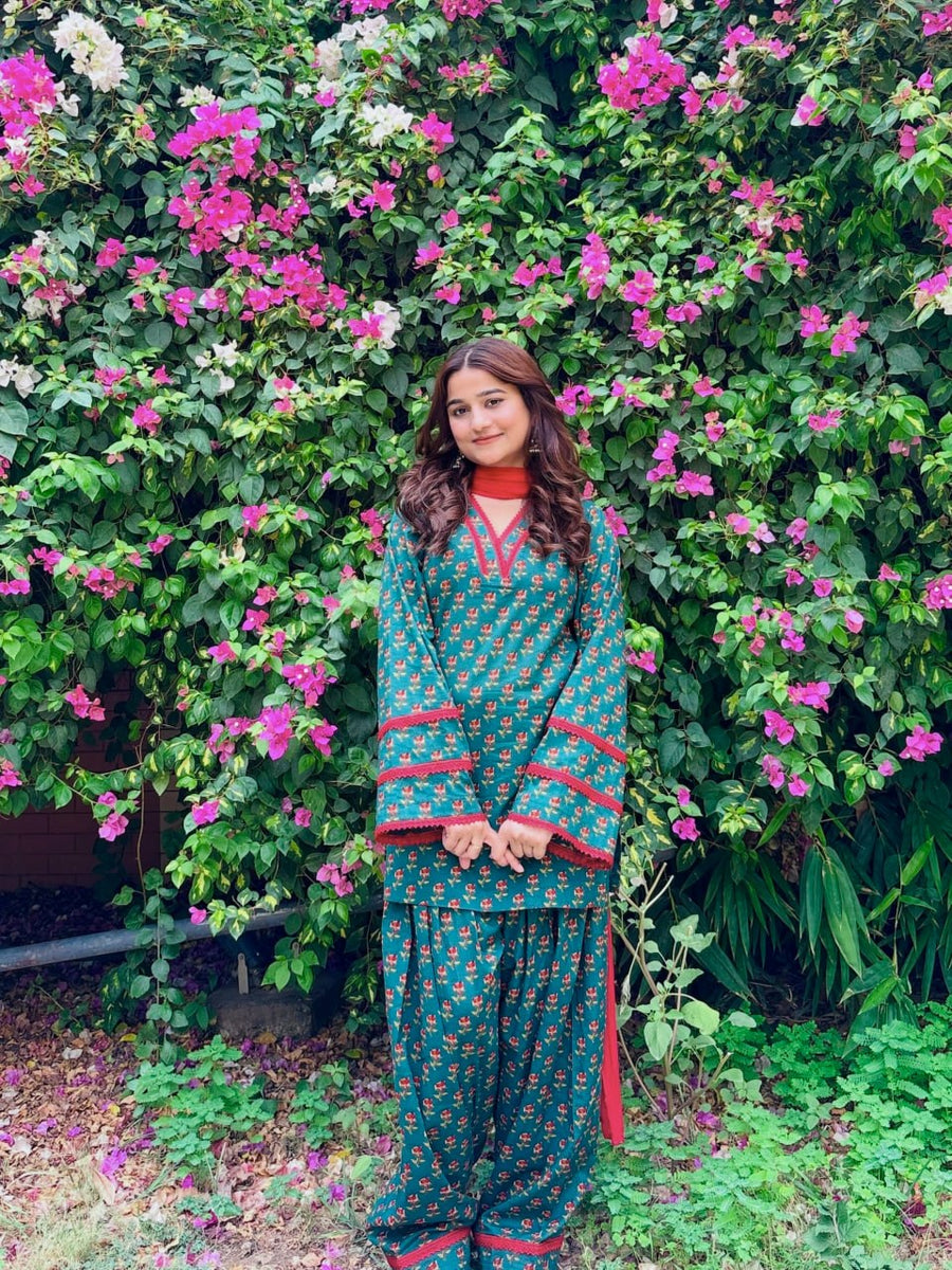 Women’s Teal Green Floral Natural Crepe 3 Piece Short Kurti Farshi Pant Dupatta Set