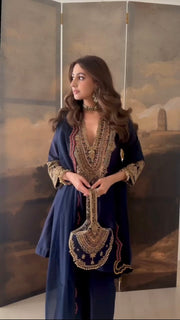 Women’s Navy Blue Pure Heavy Roman Silk Embroidered Sequin Suit Set with Purse