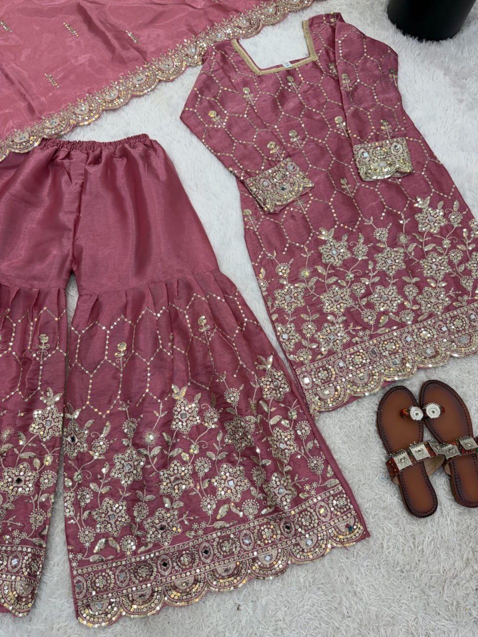 Chinnon Silk Embroidered Sharara Suit 3 Piece Top Sharara Dupatta Set