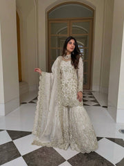 Chinnon Silk Embroidered Sharara Suit 3 Piece Top Sharara Dupatta Set