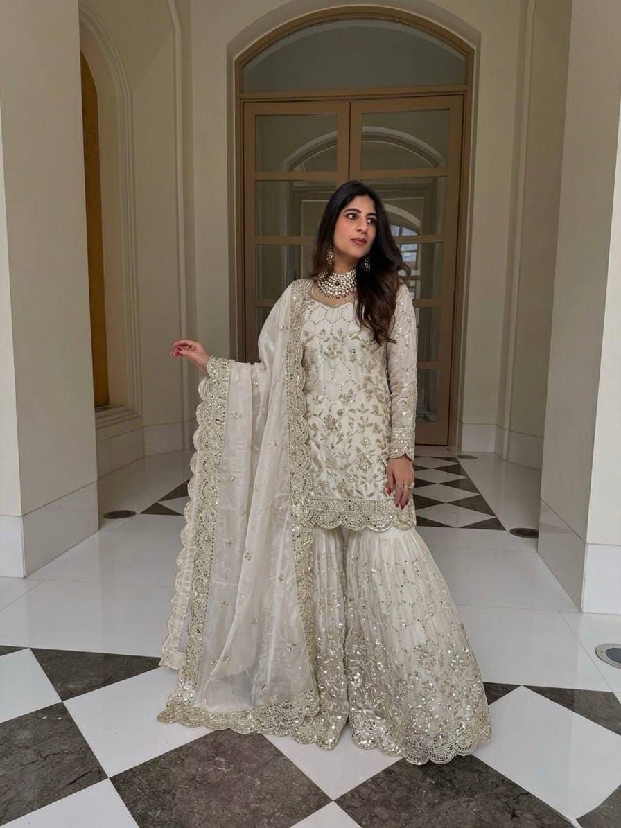 Chinnon Silk Embroidered Sharara Suit 3 Piece Top Sharara Dupatta Set