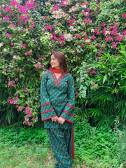 Women’s Teal Green Floral Natural Crepe 3 Piece Short Kurti Farshi Pant Dupatta Set