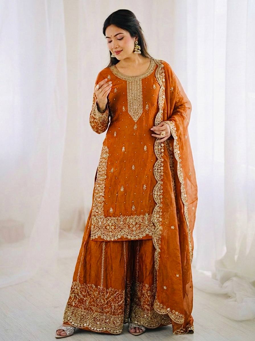 Gorgeous Fendy Silk Heavy Embroidered  Kurta Palazzo Dupatta Set