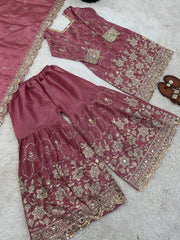 Chinnon Silk Embroidered Sharara Suit 3 Piece Top Sharara Dupatta Set