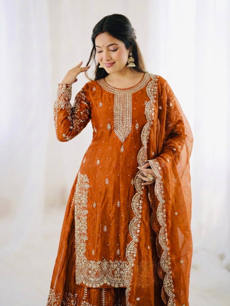 Gorgeous Fendy Silk Heavy Embroidered  Kurta Palazzo Dupatta Set
