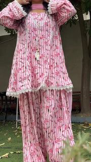 Women’s Pink Floral Stripe Natural Crepe  Short Kurti Farshi Pant Dupatta Set