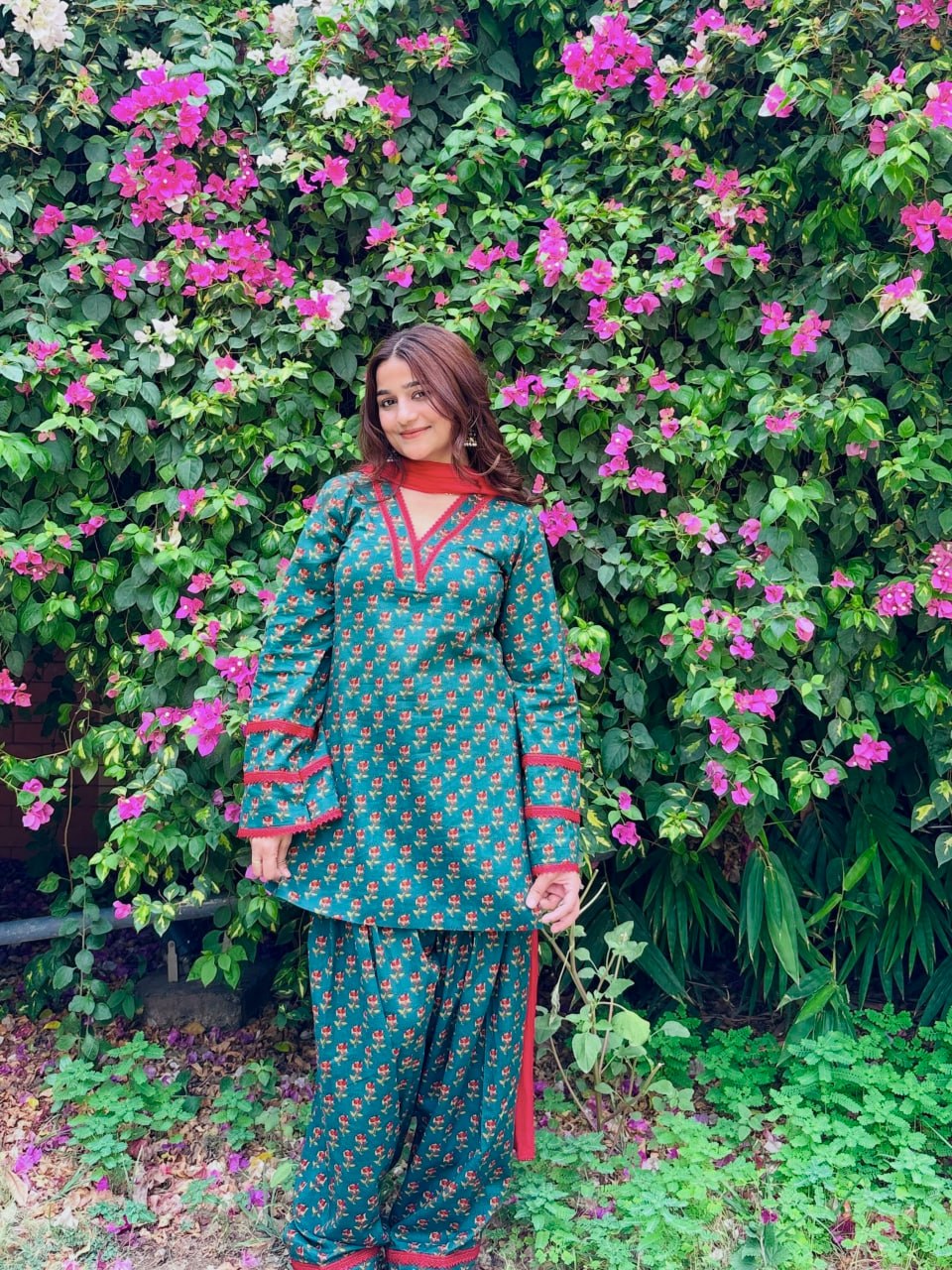 Women’s Teal Green Floral Natural Crepe 3 Piece Short Kurti Farshi Pant Dupatta Set