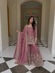Chinnon Silk Embroidered Sharara Suit 3 Piece Top Sharara Dupatta Set