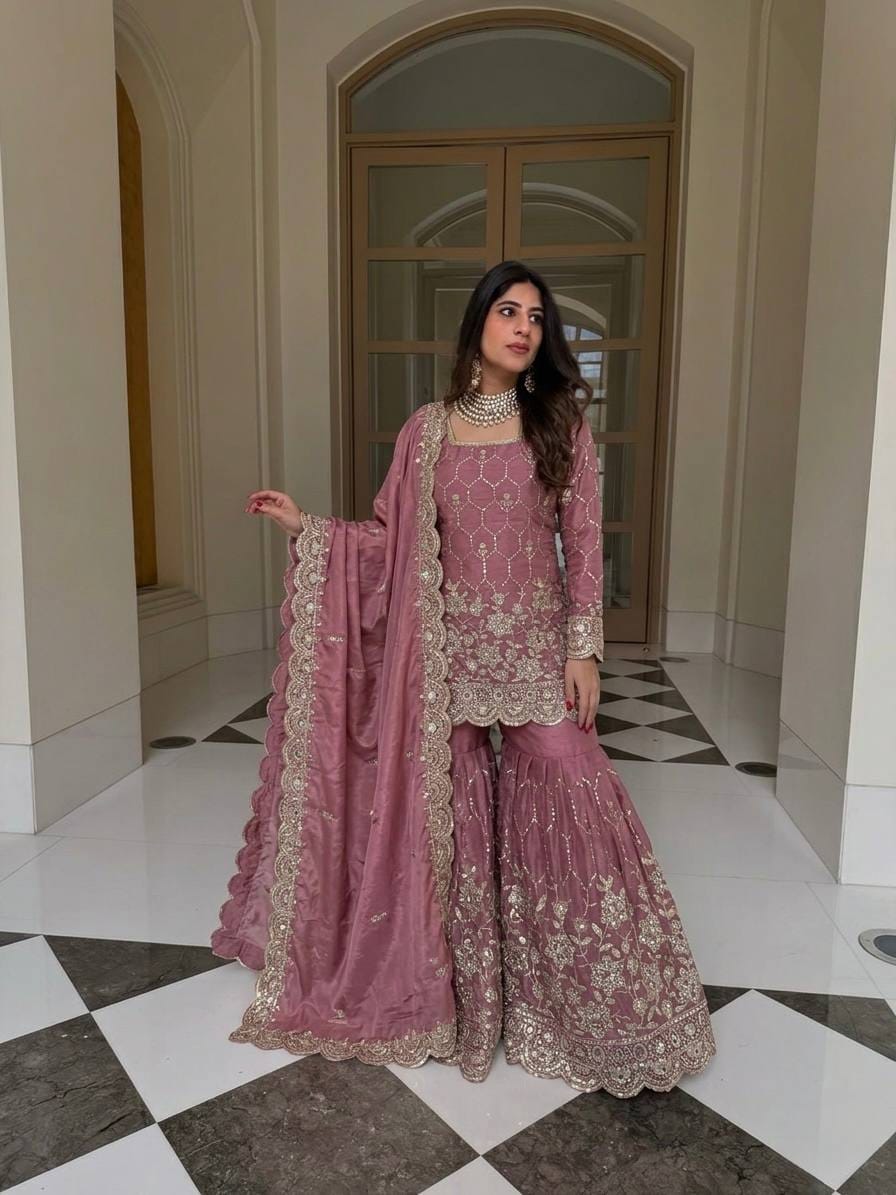 Chinnon Silk Embroidered Sharara Suit 3 Piece Top Sharara Dupatta Set