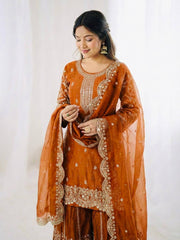 Gorgeous Fendy Silk Heavy Embroidered  Kurta Palazzo Dupatta Set