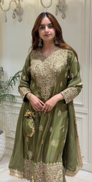 Women’s Roman Shimmer Silk  3 Piece Kurta Pant Dupatta Set