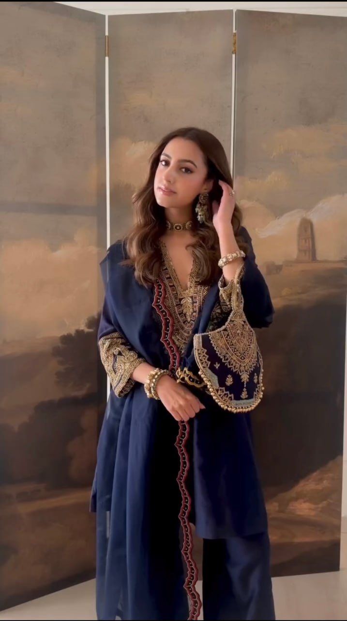 Women’s Navy Blue Pure Heavy Roman Silk Embroidered Sequin Suit Set with Purse