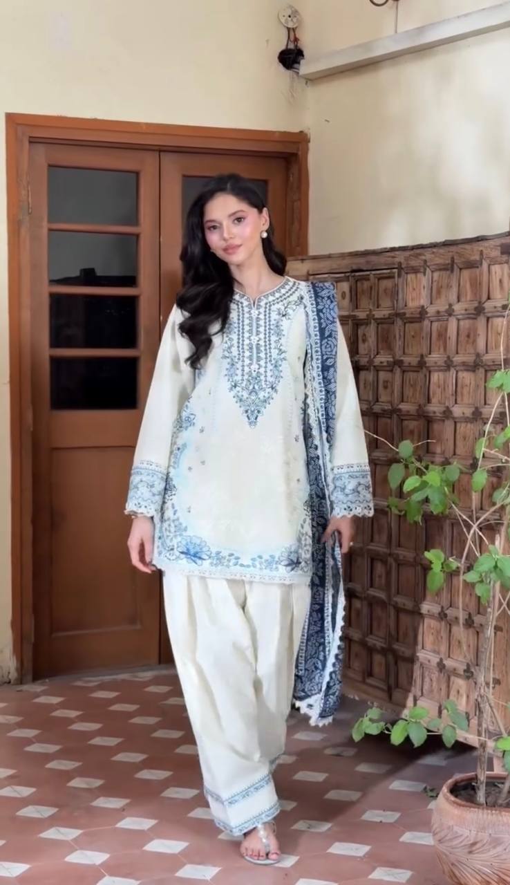Women’s White Satin Rayon Embroidered  Farshi Palazzo Suit Set