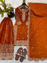 Gorgeous Fendy Silk Heavy Embroidered  Kurta Palazzo Dupatta Set