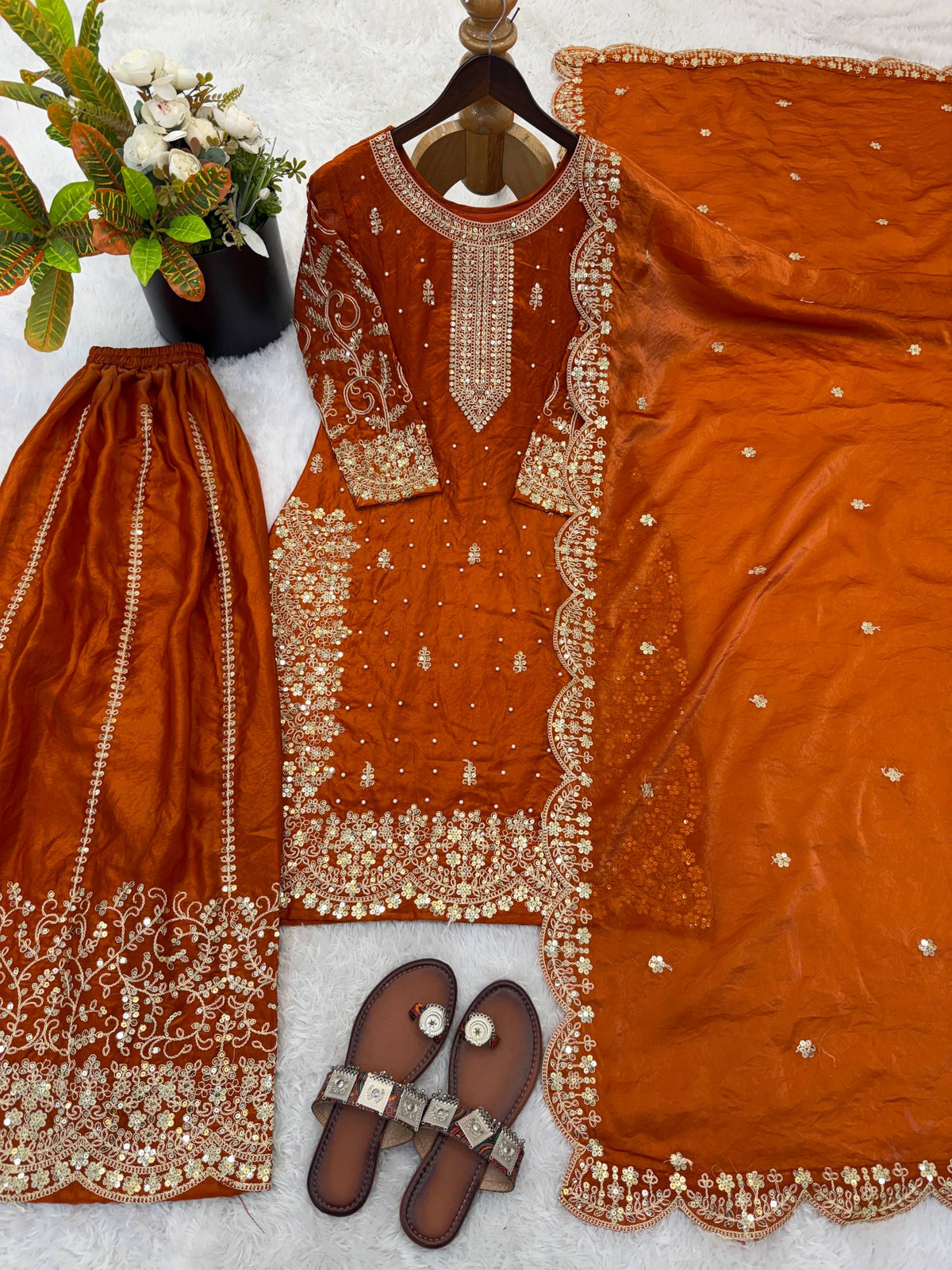 Gorgeous Fendy Silk Heavy Embroidered  Kurta Palazzo Dupatta Set