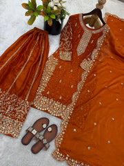 Gorgeous Fendy Silk Heavy Embroidered  Kurta Palazzo Dupatta Set