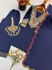 Women’s Navy Blue Pure Heavy Roman Silk Embroidered Sequin Suit Set with Purse