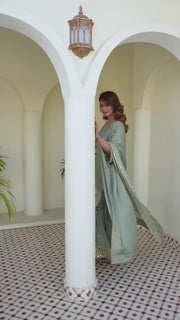Designer Sage Green Chinon Kurti Sharara Dupatta Set