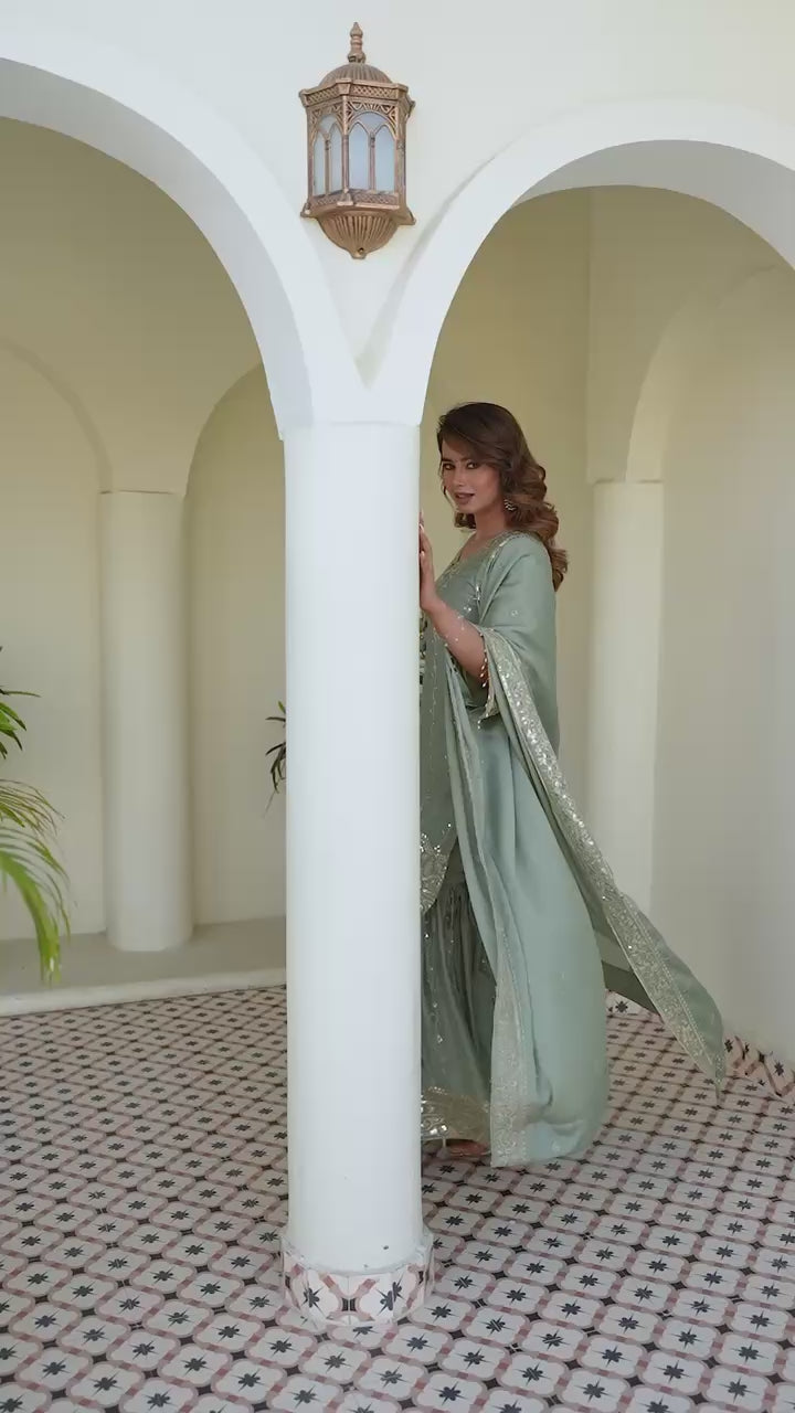 Designer Sage Green Chinon Kurti Sharara Dupatta Set