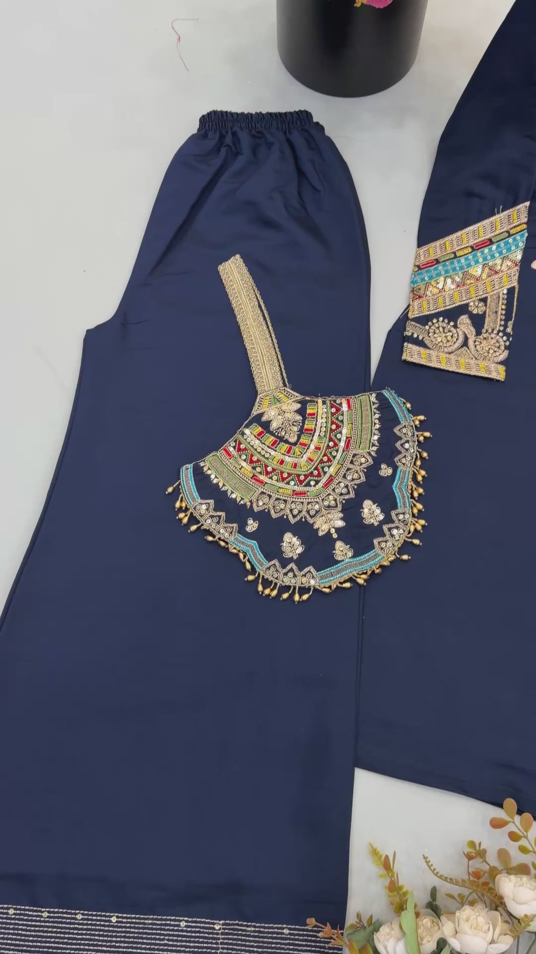 Women’s Navy Blue Pure Heavy Roman Silk Embroidered Sequin Suit Set with Purse