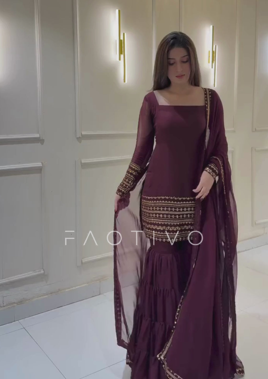 Deep Purple Fully Stitched Embroidered Sharara Suit Set | Georgette Top + Flowy Sharara + Dupatta