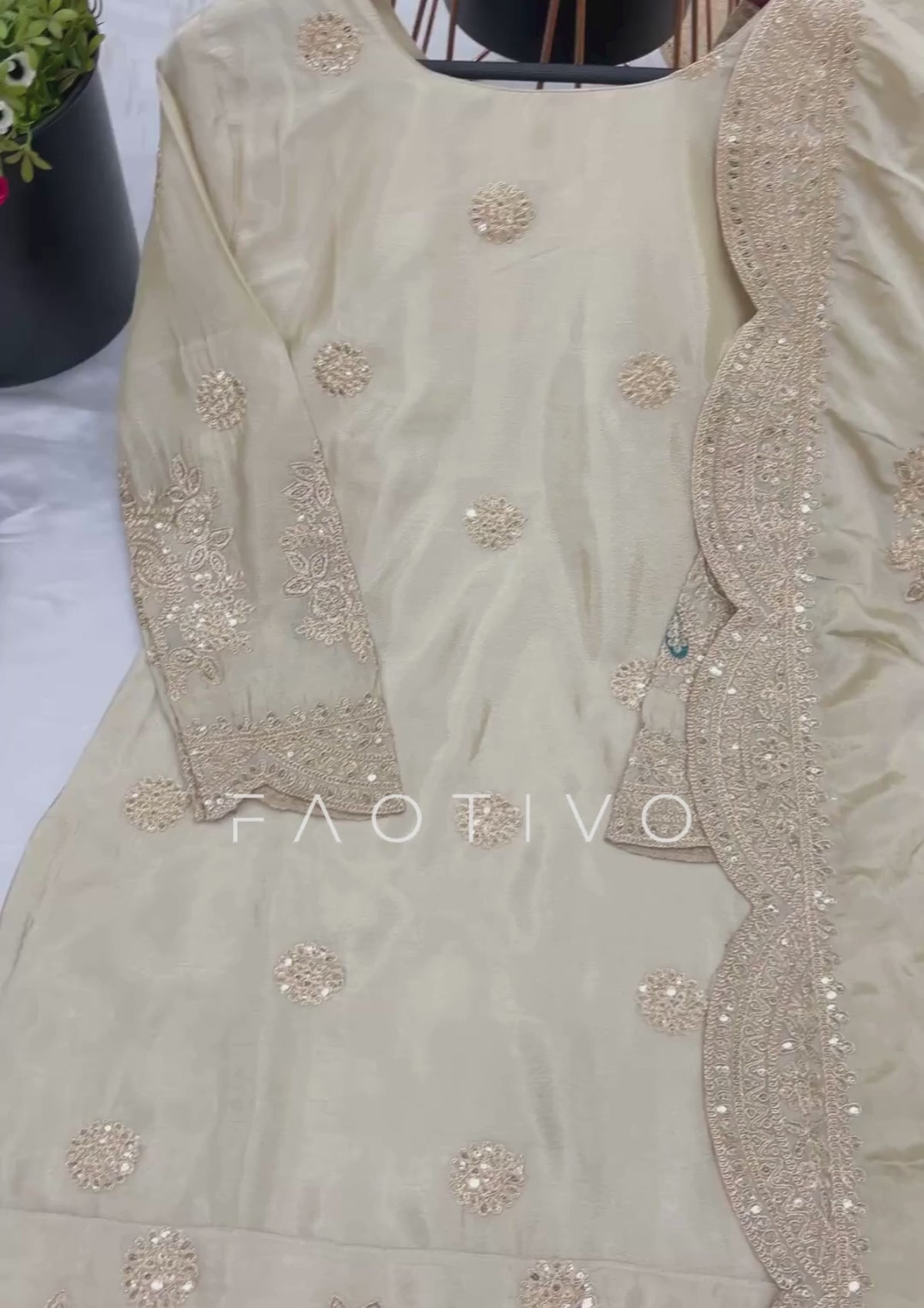 Designer Embroidered Chinnon Silk Sharara Suit
